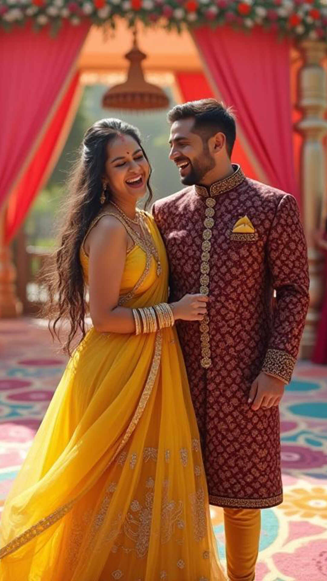 Smiling Indian couple in vibrant traditional outfits enjoying a joyful moment at a colorful outdoor wedding venue.